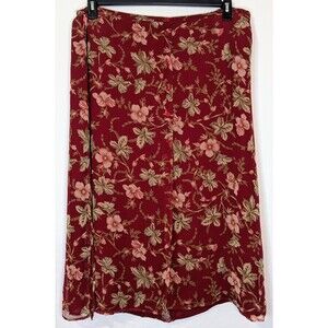 Vintage 90's Leslie Fay Floral Skirt 24W Burgundy Button Front Midi Plus Size